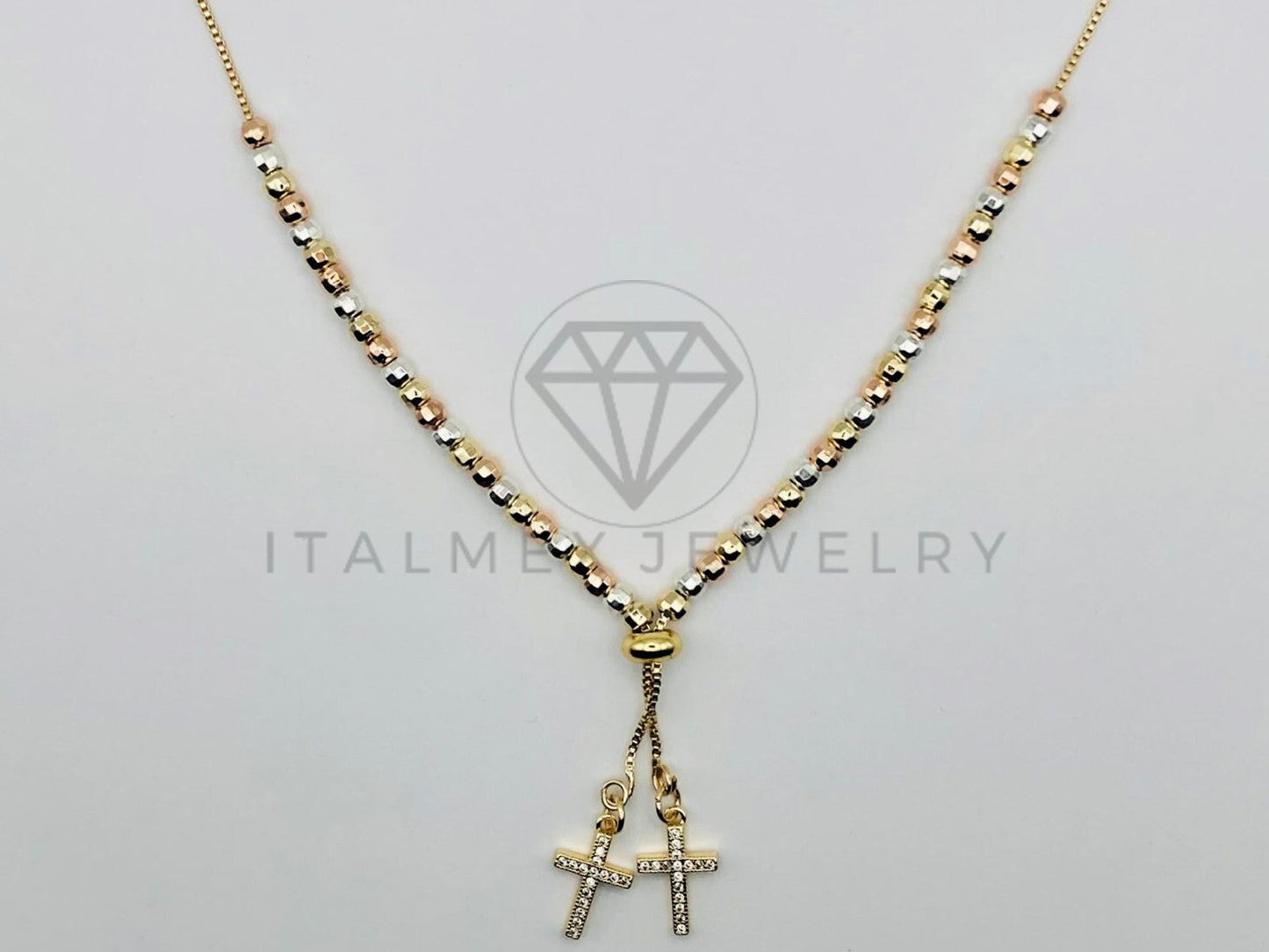 Collar Elegante - 105521 - Collar Cruces Circonia Clara con Bolitas Azucaradas 3 Oros Oro Laminado 18K