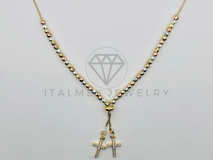 Collar Elegante - 105521 - Collar Cruces Circonia Clara con Bolitas Azucaradas 3 Oros Oro Laminado 18K