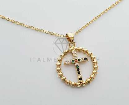 Collar Elegante - 100266 - Cruz con CZ Colores 20" Dorado Oro Laminado 18K