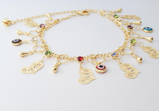 18K Gold-Plated Anklet | Heart & Evil Eye Charm | CZ Sparkle