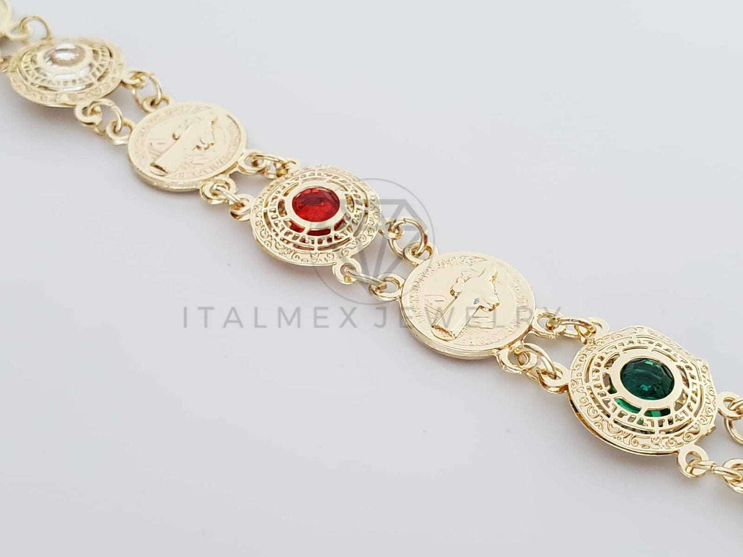 Pulsera de Lujo - 100171 - Diseño de Moneda de San Benito con CZ de Colores Tricolor Oro Laminado 18K
