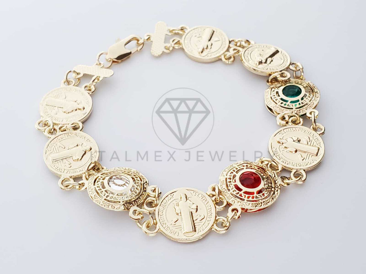 Pulsera de Lujo - 100171 - Diseño de Moneda de San Benito con CZ de Colores Tricolor Oro Laminado 18K
