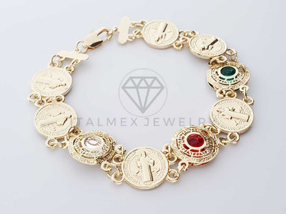 Pulsera de Lujo - 100171 - Diseño de Moneda de San Benito con CZ de Colores Tricolor Oro Laminado 18K