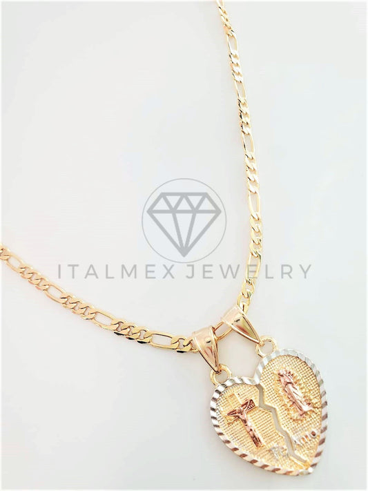 Dije Elegante - 102782 - Dije Corazón Partido Virgen y Cristo 3 Oros Oro Laminado 18K