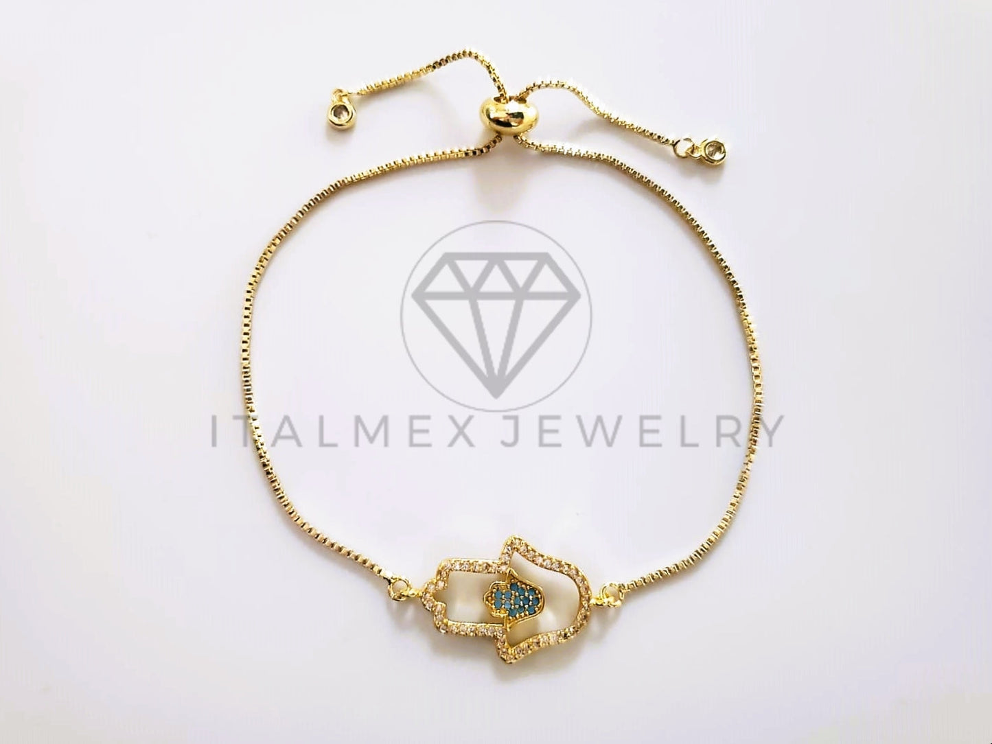 Pulsera de Lujo - 103725 - Diseño Ajustable Mano Hamsa CZ Azul Oro Laminado 18K