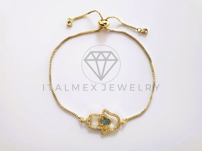 Pulsera de Lujo - 103725 - Diseño Ajustable Mano Hamsa CZ Azul Oro Laminado 18K