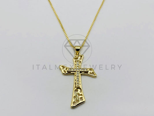 Collar Elegante - 105616 -Collar Cruz con Circonia Clara Oro Laminado 18K
