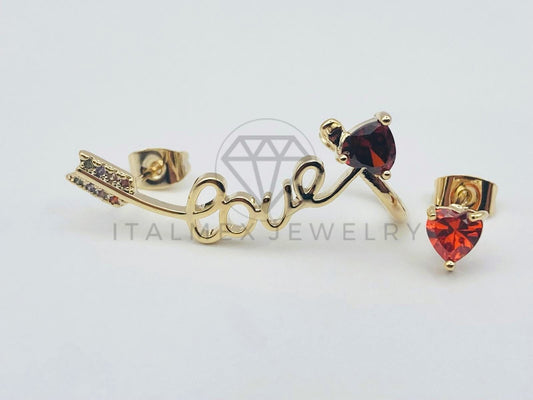 Arete de Lujo - 103426 - Diseño Flecha LOVE Circonia Roja Oro Laminado 18K