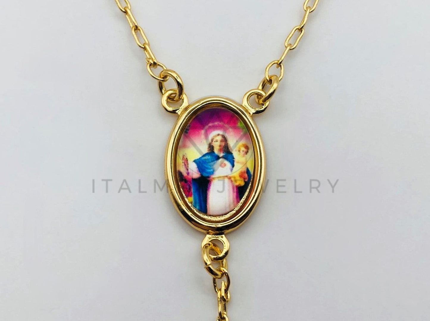 Rosario de Lujo - 105912 - Rosario Clásico Bola Lisa con Medalla de Madonna y Niño Jesus Oro Laminado 18K