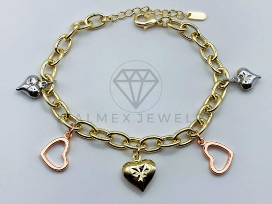Pulsera de Lujo - 105828 - Pulsera Charms Corazones 3 Tonos Oro Laminado 18K