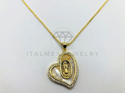 Collar Elegante - 105957 -Collar Corazon de Perla con Virgen Oro Laminado 18K