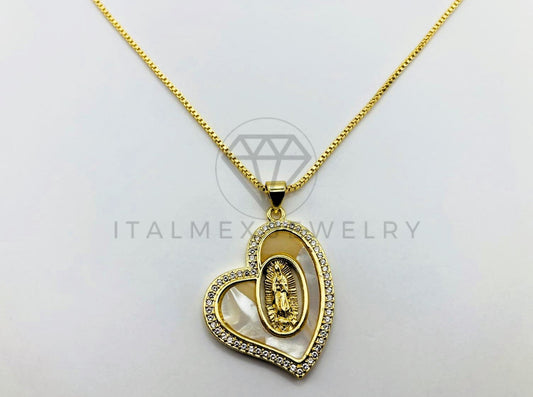 Collar Elegante - 105957 -Collar Corazon de Perla con Virgen Oro Laminado 18K