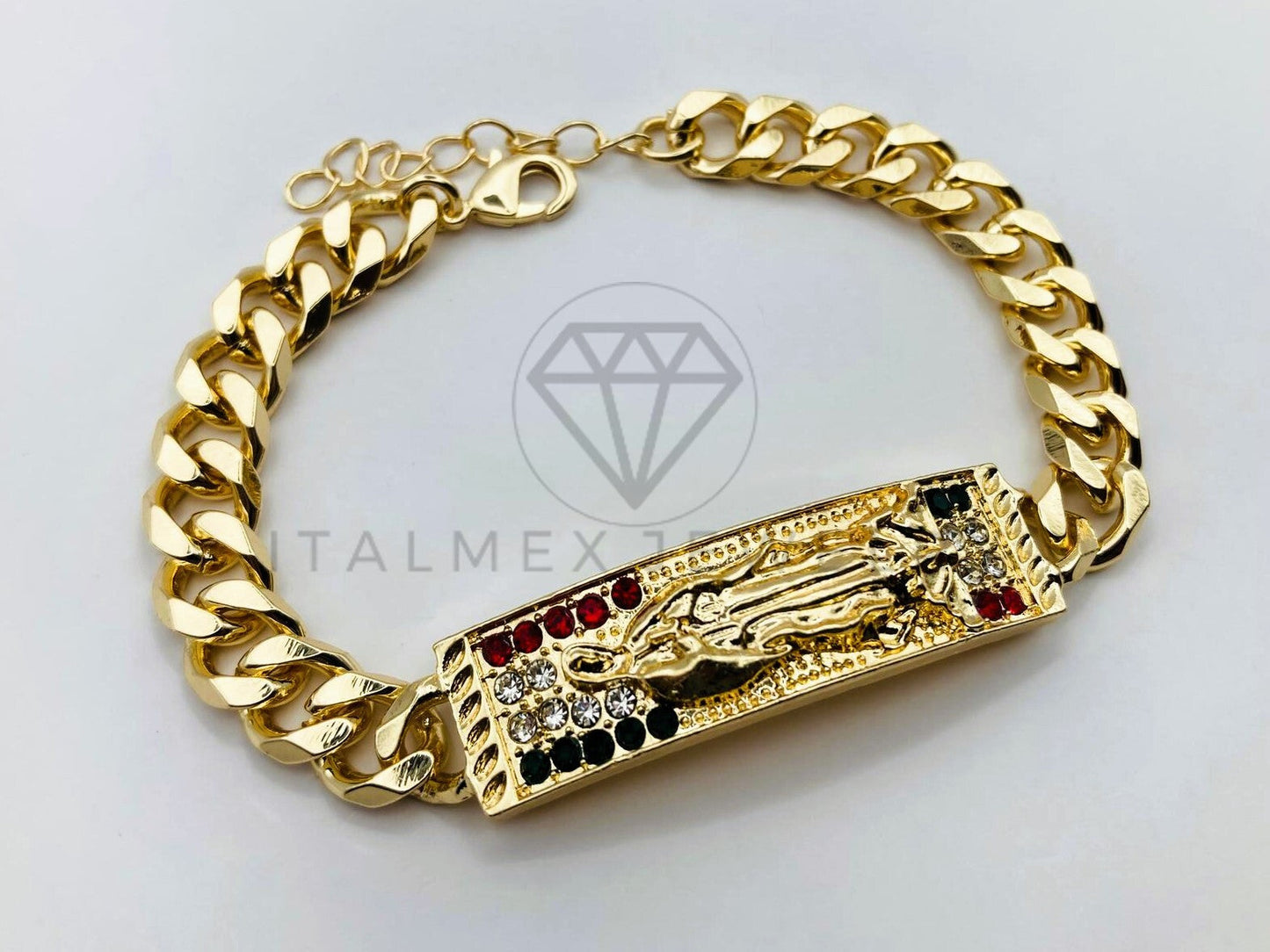 Pulsera de Lujo - 105970 -Esclava Virgen de Guadalupe con Circonia Tricolor - Oro Laminado