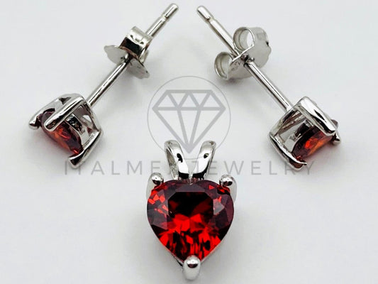 Juego Collar de Lujo - 105479 - Estilo Corazón Rojo Granate Plata .925