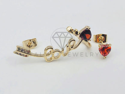 Arete de Lujo - 103426 - Diseño Flecha LOVE Circonia Roja Oro Laminado 18K
