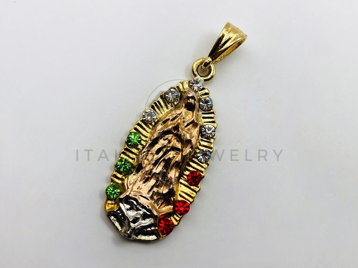 Dije Religioso - 100444 - Virgen de Guadalupe con Circonia Tricolor Oro Laminado 18K