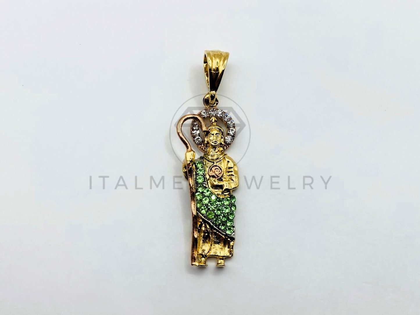 Dije Religioso - 100387 - San Judas Tadeo CZ Verde Tamaño Chico Oro Laminado 18K