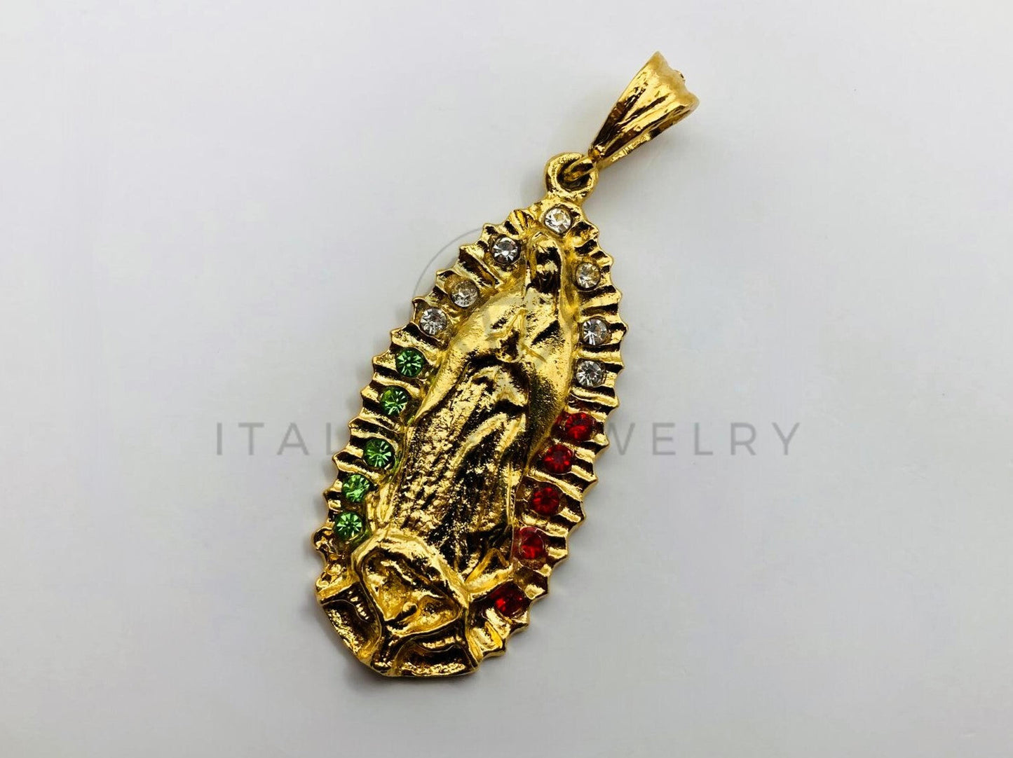 Dije Religioso - 100441 - Virgen de Guadalupe con Circonia Tricolor Oro Laminado 18K
