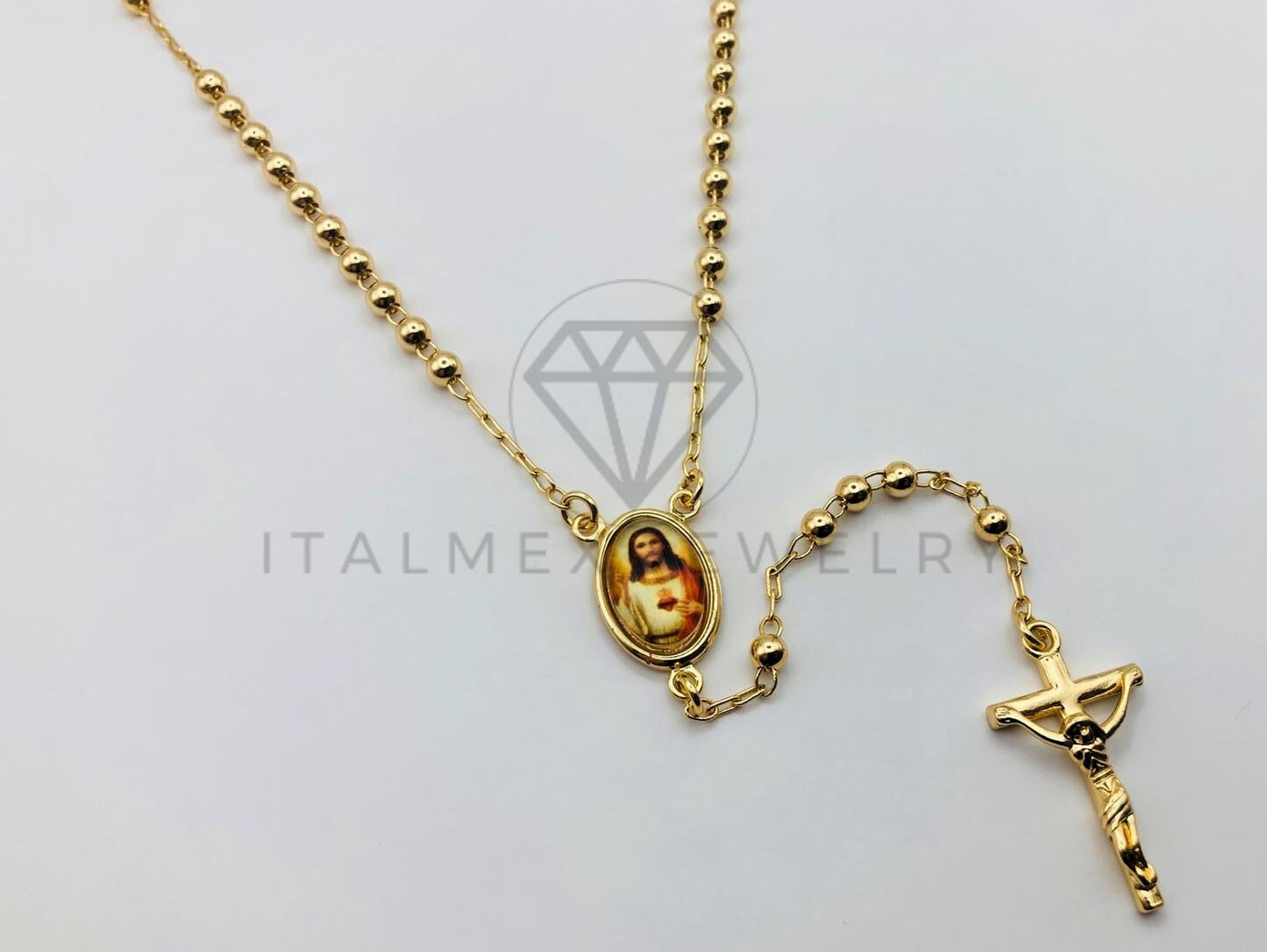 Rosario de Lujo - 105911 - Rosario Clásico Bola Lisa con Medalla de Sagrado Corazon Oro Laminado 18K