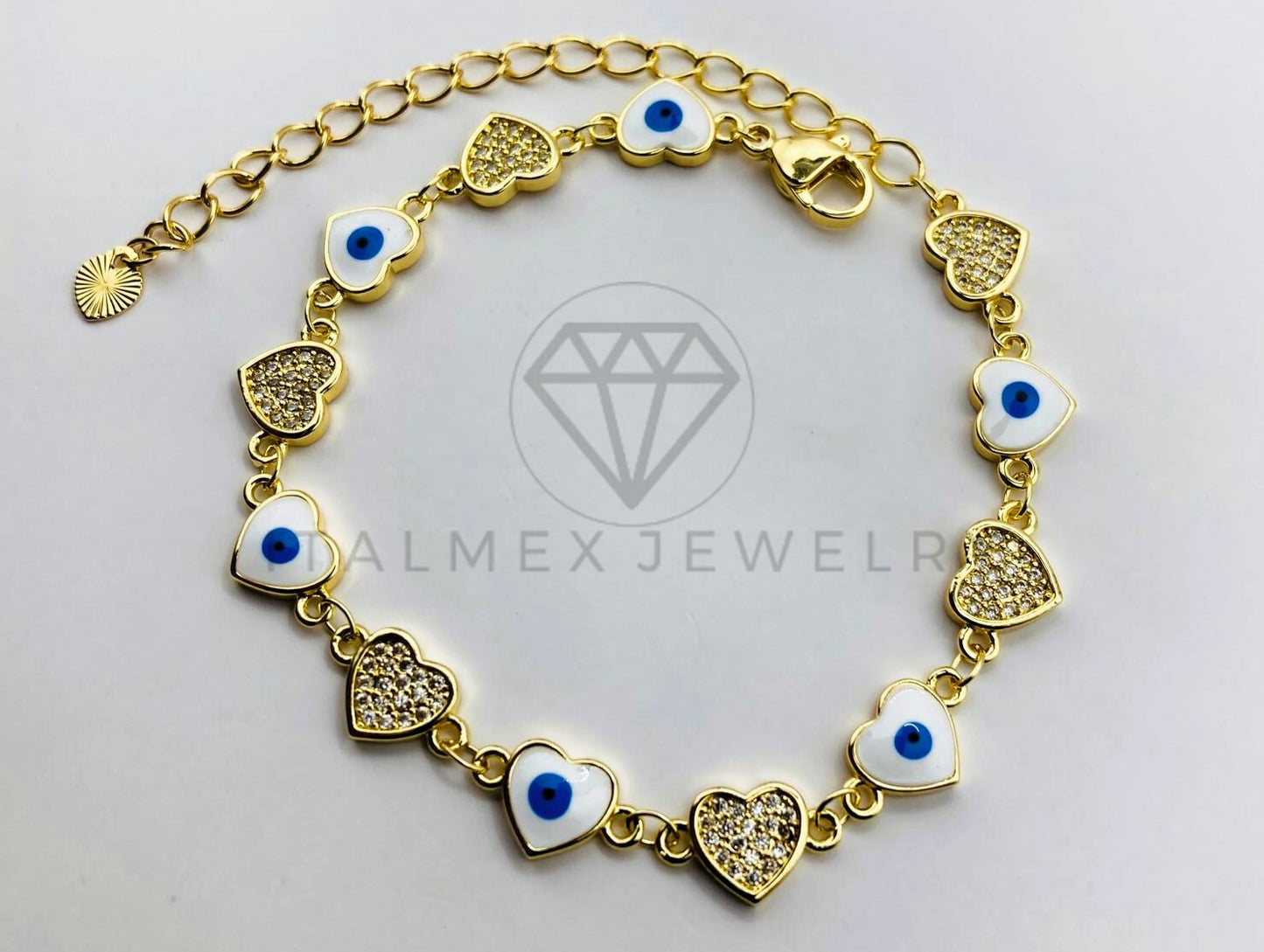 Pulsera Ajustable - 105966 - Diseño Corazones y Ojo Turco con Circonia - Oro Laminado