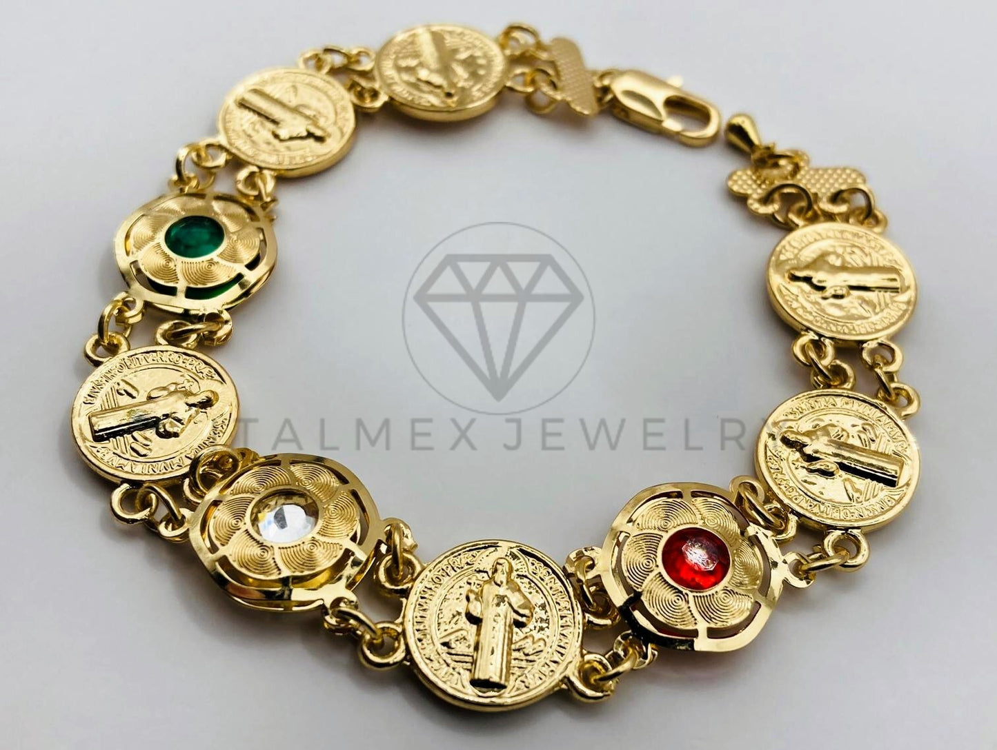 Pulsera de Lujo - 100143 - Diseño de Moneda de San Benito Circonia Tricolor Oro Laminado 18K