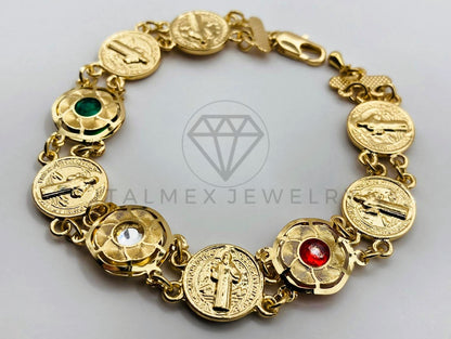 Pulsera de Lujo - 100143 - Diseño de Moneda de San Benito Circonia Tricolor Oro Laminado 18K