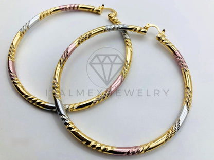 Arete de Lujo - 105988 - Arracada Diseño Rayada 8cm 3 Oros - Oro Laminado 18K