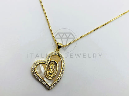 Collar Elegante - 105957 -Collar Corazon de Perla con Virgen Oro Laminado 18K
