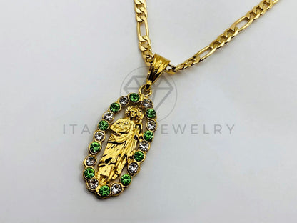 Dije Religioso - 100391 - Medalla San Judas con Circonia Blanca y Verde Oro Laminado 18K