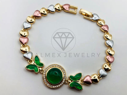 Pulsera de Lujo - 106035 -Pulsera Corazones y Mariposas Verdes - Oro Laminado