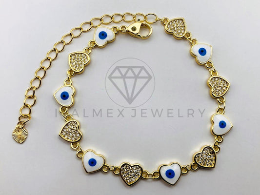 Pulsera Ajustable - 105966 - Diseño Corazones y Ojo Turco con Circonia - Oro Laminado