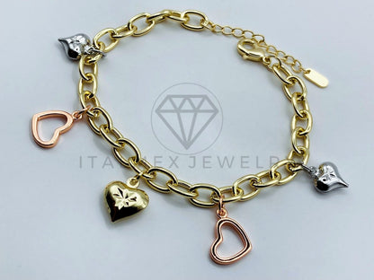 Pulsera de Lujo - 105828 - Pulsera Charms Corazones 3 Tonos Oro Laminado 18K