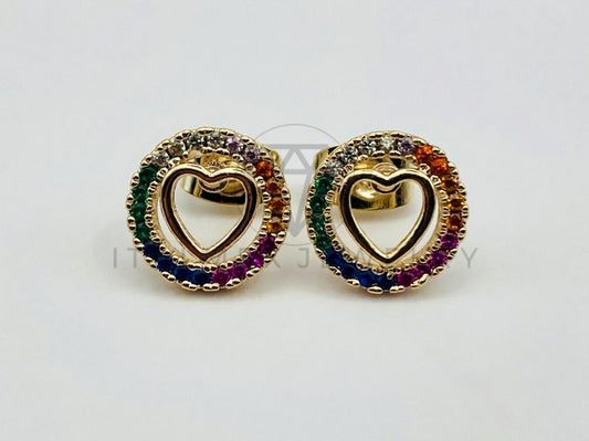 Arete de Lujo - 102080 - Diseño de Corazón con Circonia de Colores Oro Laminado 18K