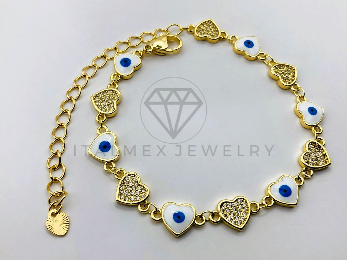 Pulsera Ajustable - 105966 - Diseño Corazones y Ojo Turco con Circonia - Oro Laminado