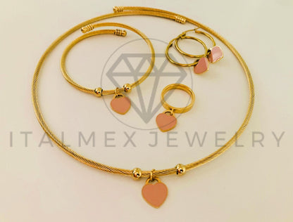 Juego de Lujo - 105438 - Juego Inspiración Corazon Rosa Collar, Anillo, Aretes y Pulsera Oro Laminado 18K