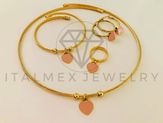 Juego de Lujo - 105438 - Juego Inspiración Corazon Rosa Collar, Anillo, Aretes y Pulsera Oro Laminado 18K