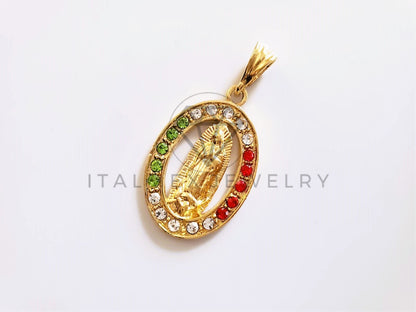 Dije Elegante - 104162 - Medalla Virgen Guadalupe Circonia Tricolor Oro Laminado 18K