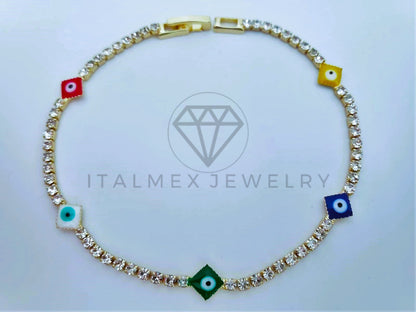 Pulsera Elegante - 103576 - Pulsera Tira CZ Clara y Ojo Turco Colores Oro Laminado 18K