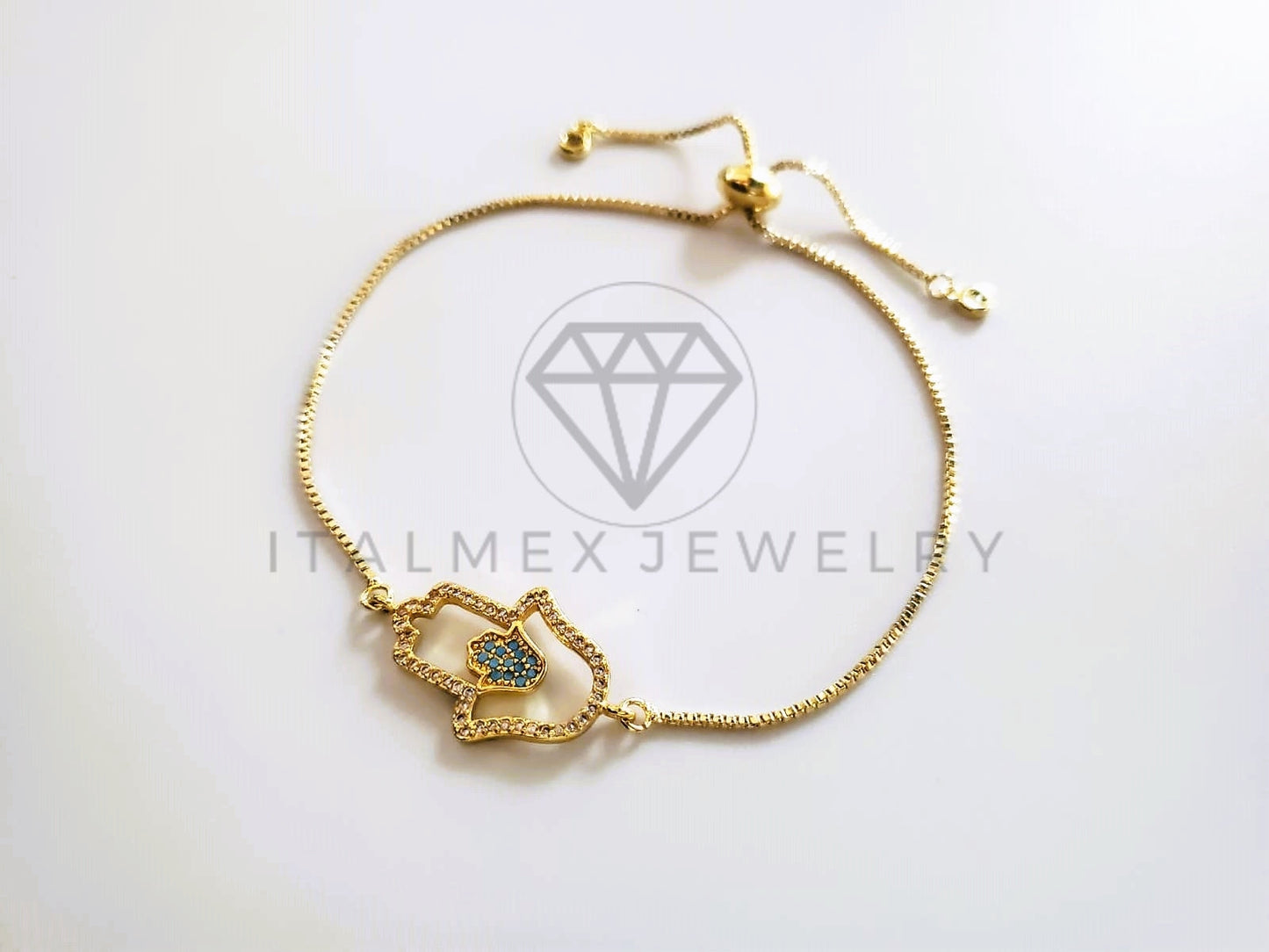 Pulsera de Lujo - 103725 - Diseño Ajustable Mano Hamsa CZ Azul Oro Laminado 18K