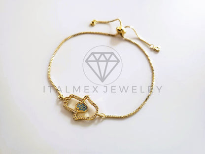 Pulsera de Lujo - 103725 - Diseño Ajustable Mano Hamsa CZ Azul Oro Laminado 18K