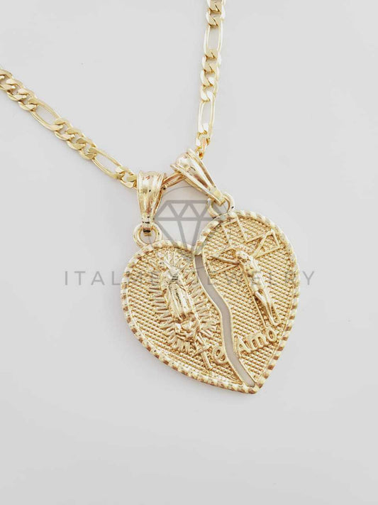 Dije Elegante - 102351 - Corazón Partido Virgen y Cristo Tamaño Mediana Oro Laminado 18K