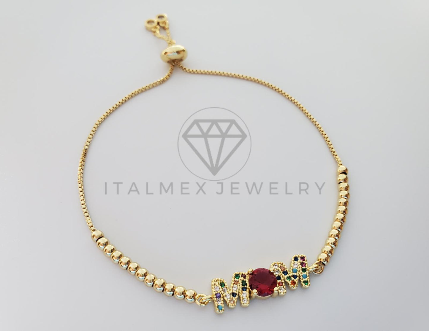 Pulsera Ajustable - 101297 - Diseño de Mamá|MOM con CZ Color Oro Laminado 18K