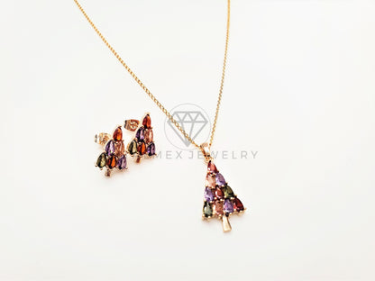 Juego de Lujo - 103412 - Diseño Pino de Navidad CZ Colores Oro Laminado 18K