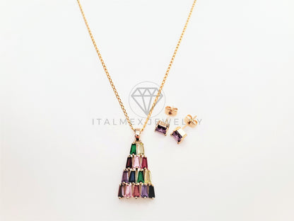 Juego de Lujo - 103420 - Diseño Arbolito de Navidad CZ Colores Oro Laminado 18K