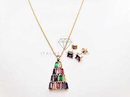 Juego de Lujo - 103420 - Diseño Arbolito de Navidad CZ Colores Oro Laminado 18K