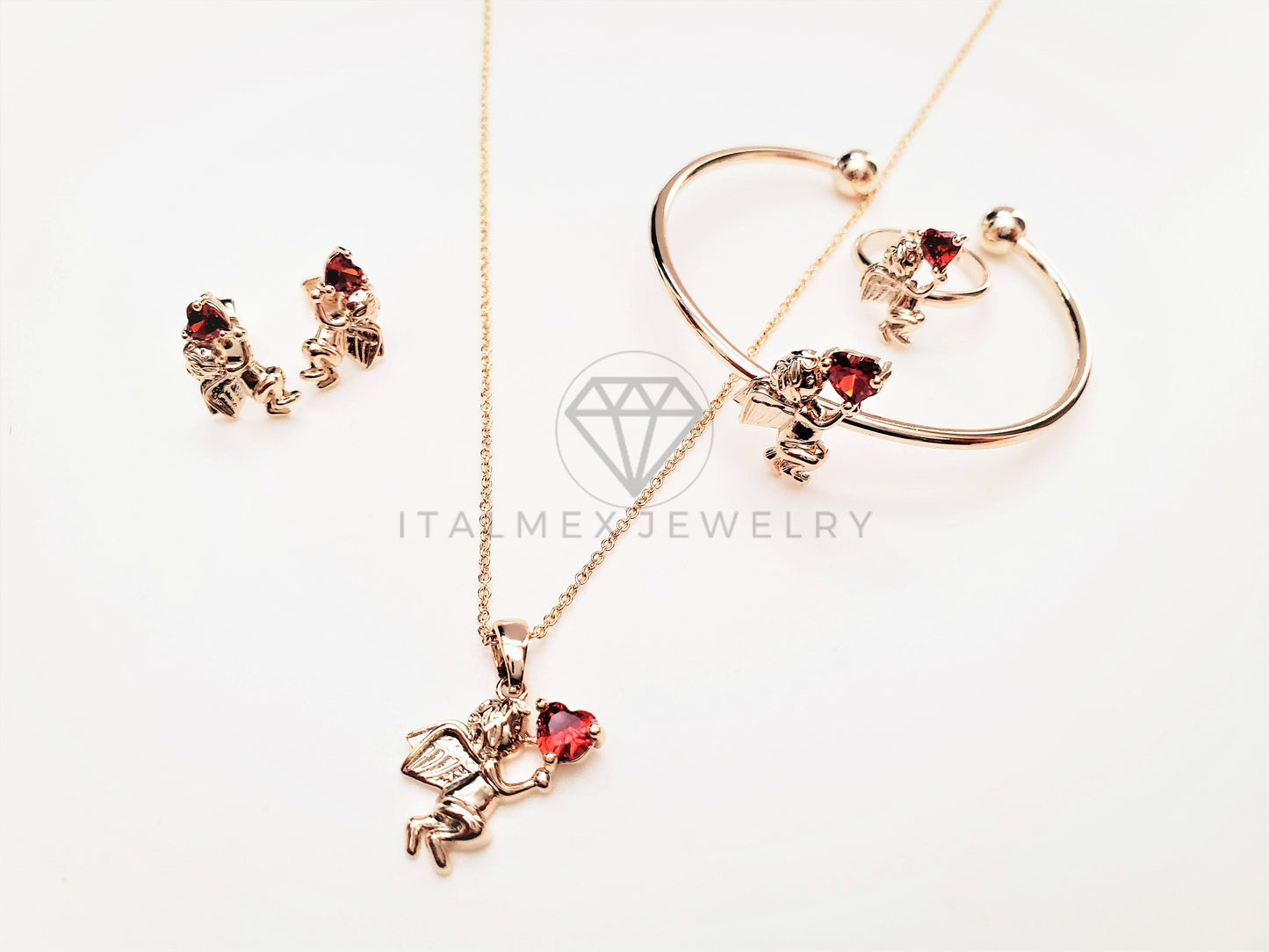 Juego de Niña - 103455 - Diseño de Cupido CZ Roja Oro Laminado 18K