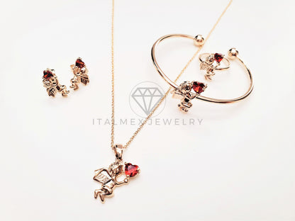 Juego de Niña - 103455 - Diseño de Cupido CZ Roja Oro Laminado 18K