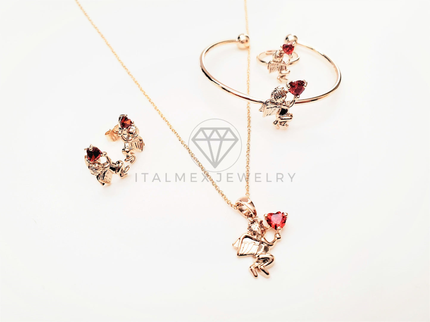 Juego de Niña - 103455 - Diseño de Cupido CZ Roja Oro Laminado 18K