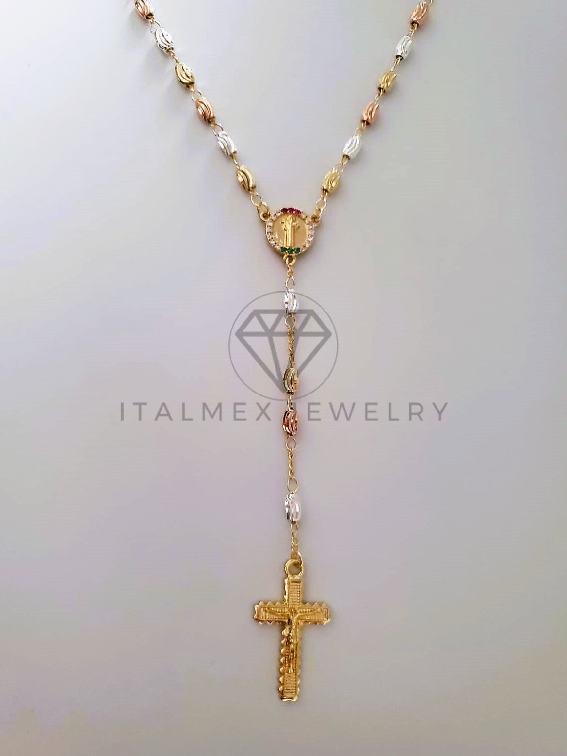 Rosario de Lujo - 104234 - Bola Rayada 3 Oros con Medalla San Judas y Circonia Oro Laminado 18K