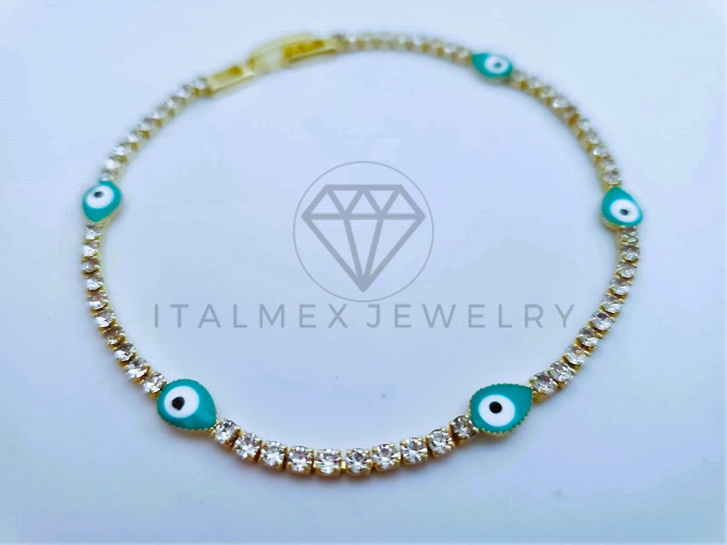 Pulsera Elegante - 103579 - Pulsera Tira CZ Clara y Ojo Turco Azul Oro Laminado 18K